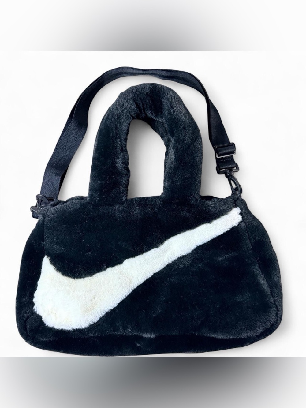 Nike Black Faux-Fur Shoulder Bag with White Swoosh